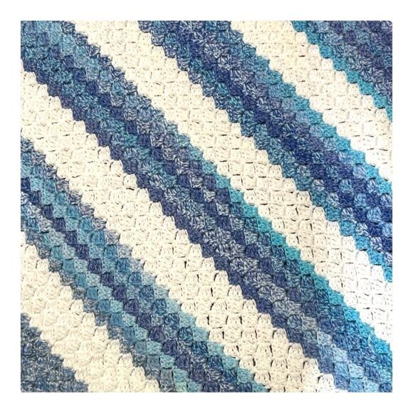 Handmade Blue & White Diagonal Crochet Blanket Chair Throw Baby Crib Tight Knit - Picture 1 of 4